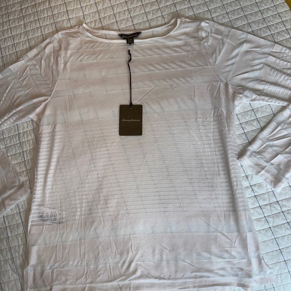 Tommy Bahama White Burnout Stripe Long Sleeve Top TW29675 Womens Large NWT